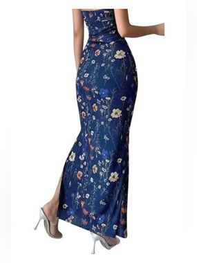 NWOT! SHEIN Navy Floral Maxi Dress with Multi-Color Blooms